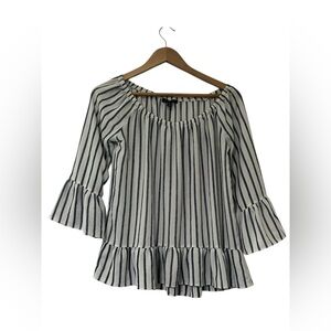 Moa Mos Brand Top Women’s Medium 3/4 Bell Sleeves. White And Navy Blue Stripes